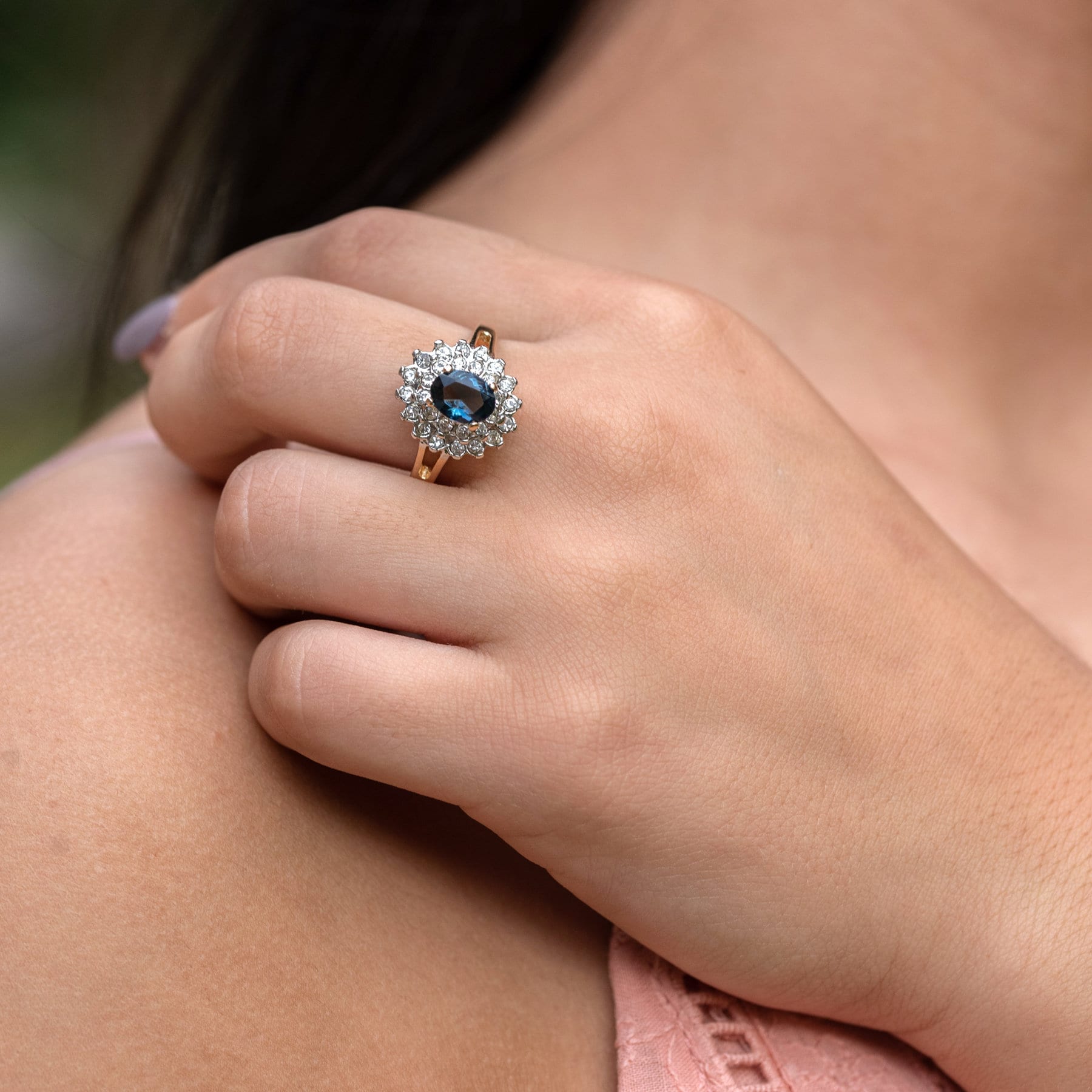 Vintage Ring 1970s Sapphire and Clear Swarovski Crystals 18k and White Gold Silver Ring #R1352 - Limited Stock - Never Worn