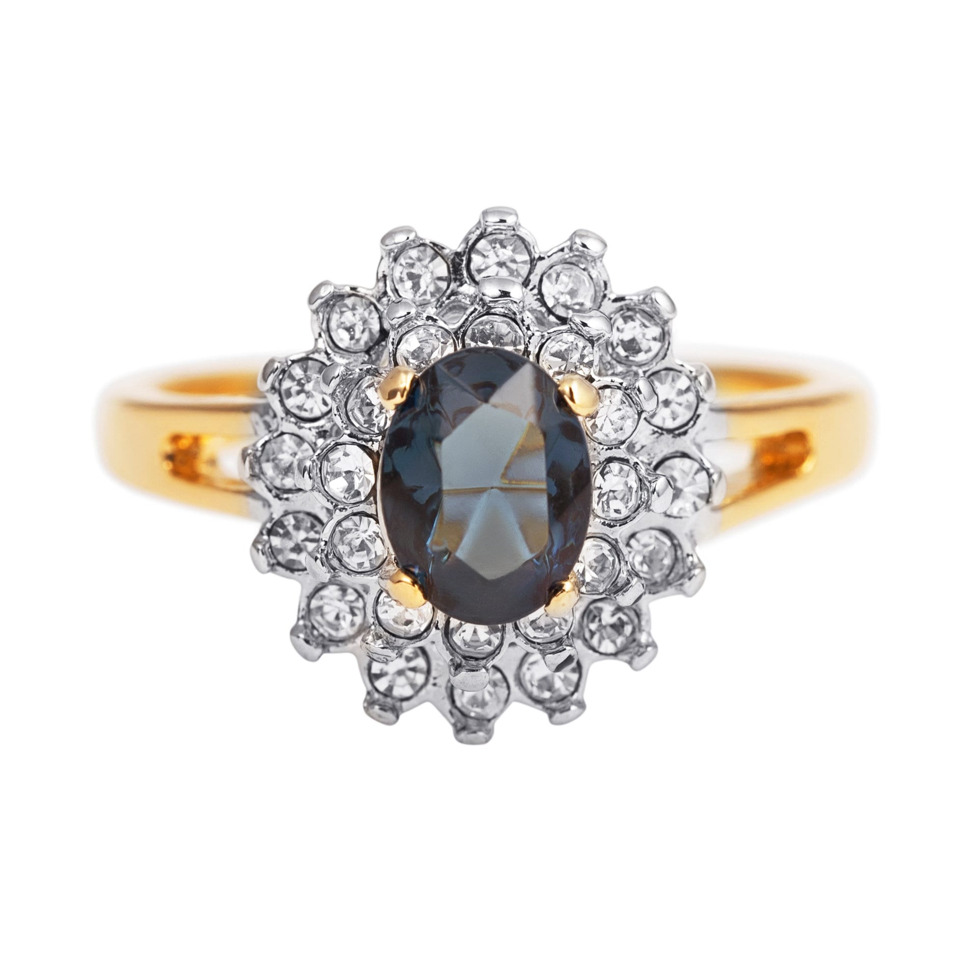 Vintage Ring 1970s Sapphire and Clear Swarovski Crystals 18k and White Gold Silver Ring #R1352 - Limited Stock - Never Worn