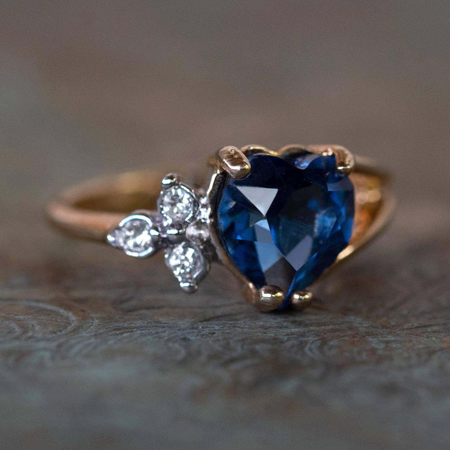 Vintage Ring Sapphire Cubic Zirconia and Clear Swarovski Crystals 18kt Gold Antique Womans Jewelry Heart Promise Rings #R1936-SY Size: 5