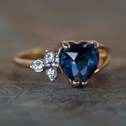 Vintage Ring Sapphire Cubic Zirconia and Clear Swarovski Crystals 18kt Gold Antique Womans Jewelry Heart Promise Rings #R1936-SY Size: 5