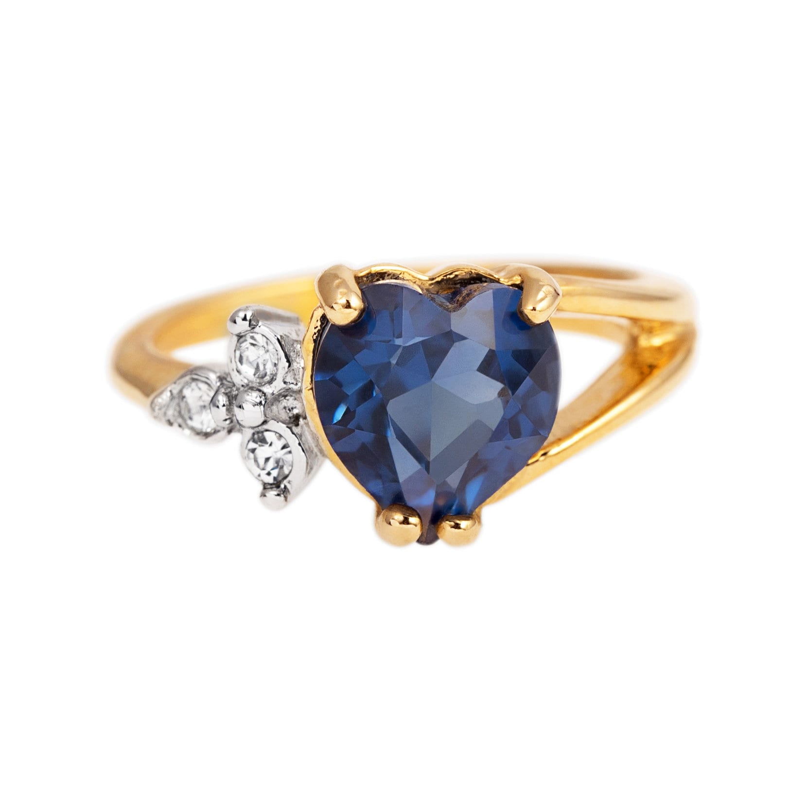 Vintage Ring Sapphire Cubic Zirconia and Clear Swarovski Crystals 18kt Gold Antique Womans Jewelry Heart Promise Rings #R1936-SY