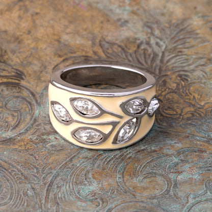 Vintage Ring 1980s Cream Enamel set with Clear Crystals Leaf Motif Band 18k White Gold Silver  #R3043 - Limited Stock - Never Worn