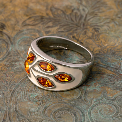 Vintage Ring 1980s White Enamel with Topaz Crystal Leaf Motif Band 18k White Gold Antique Womans Jewelry #R3043 - Limited Stock - Never Worn