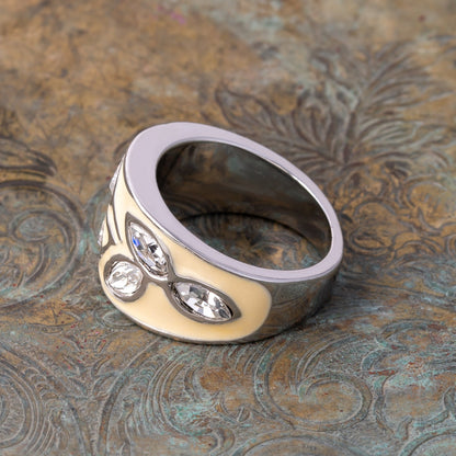 Vintage Ring 1980s Cream Enamel set with Clear Crystals Leaf Motif Band 18k White Gold Silver  #R3043 - Limited Stock - Never Worn