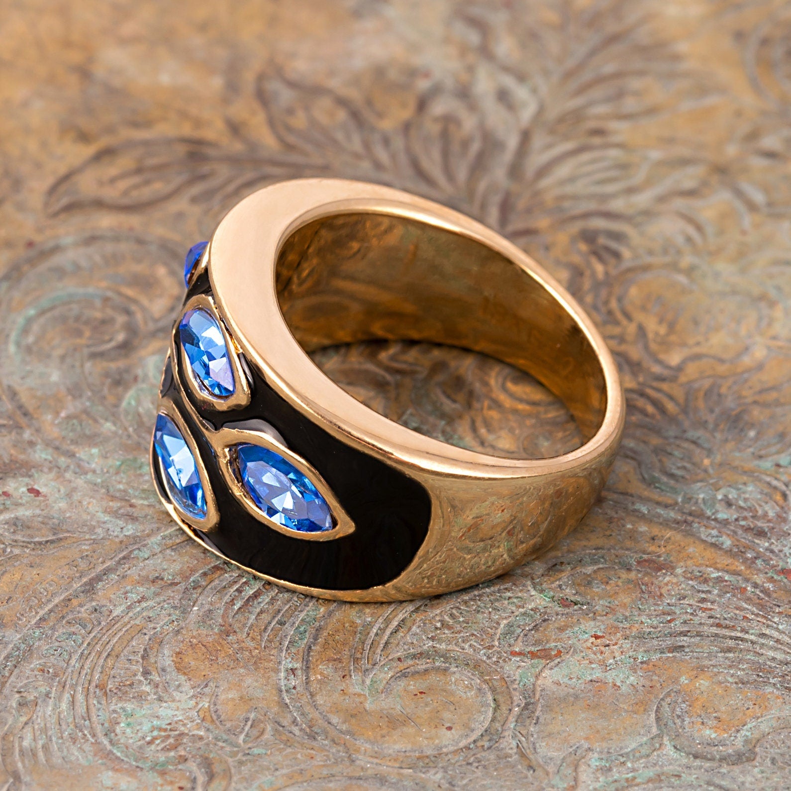 Vintage Ring 1980s Black Enamel Ring with Blue Swarovski Crystals Leaf Motif 18k Gold Plated Antique #R3043 - Limited Stock - Never Worn