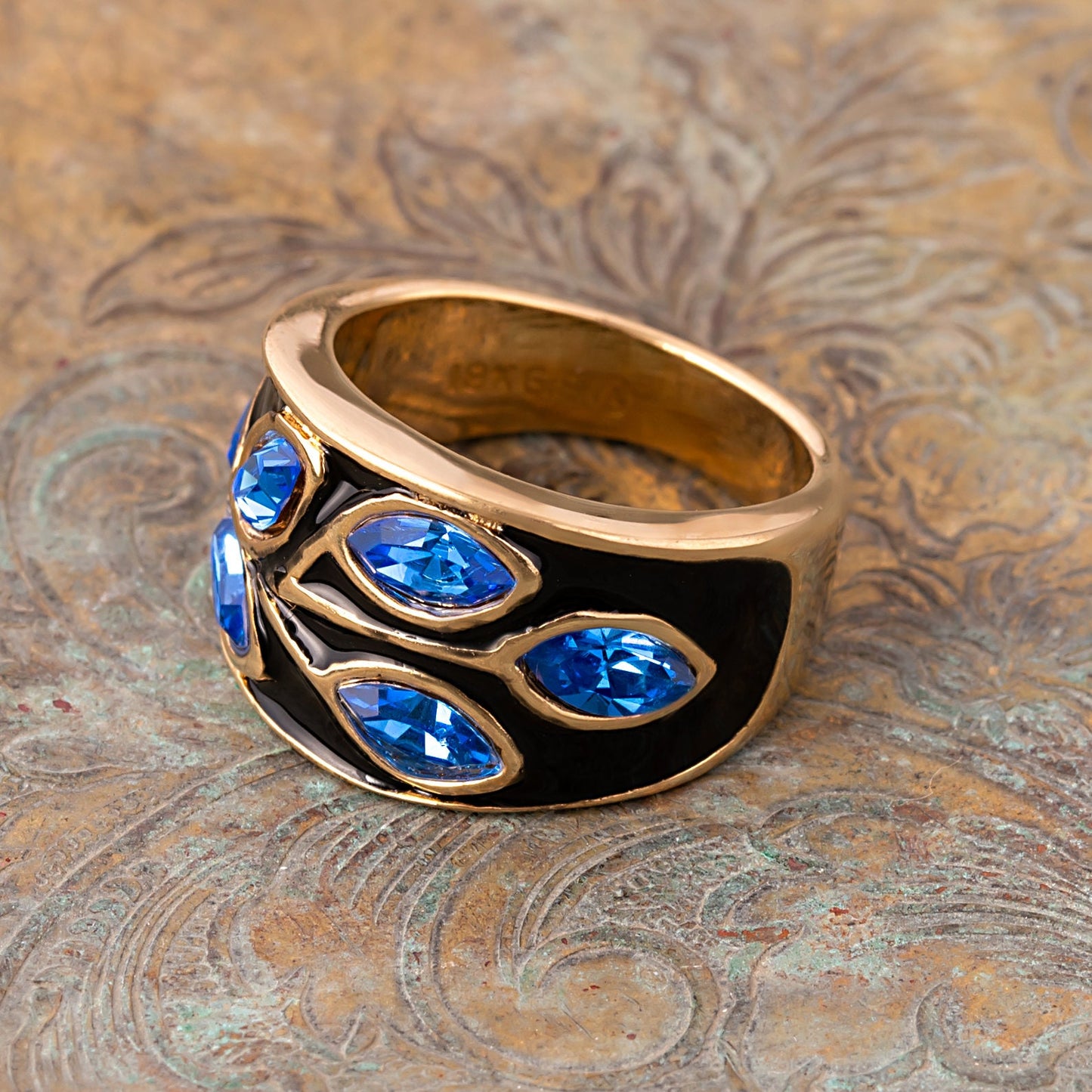 Vintage Ring 1980s Black Enamel Ring with Blue Swarovski Crystals Leaf Motif 18k Gold Plated Antique #R3043 - Limited Stock - Never Worn
