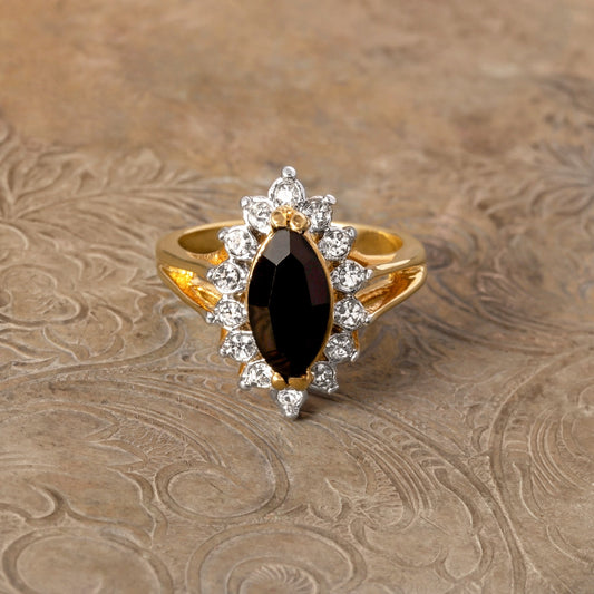 Vintage 1980s Jet Black and Clear Austrian Crystal 18k Gold Electroplated Halo Ring jewelry image 1