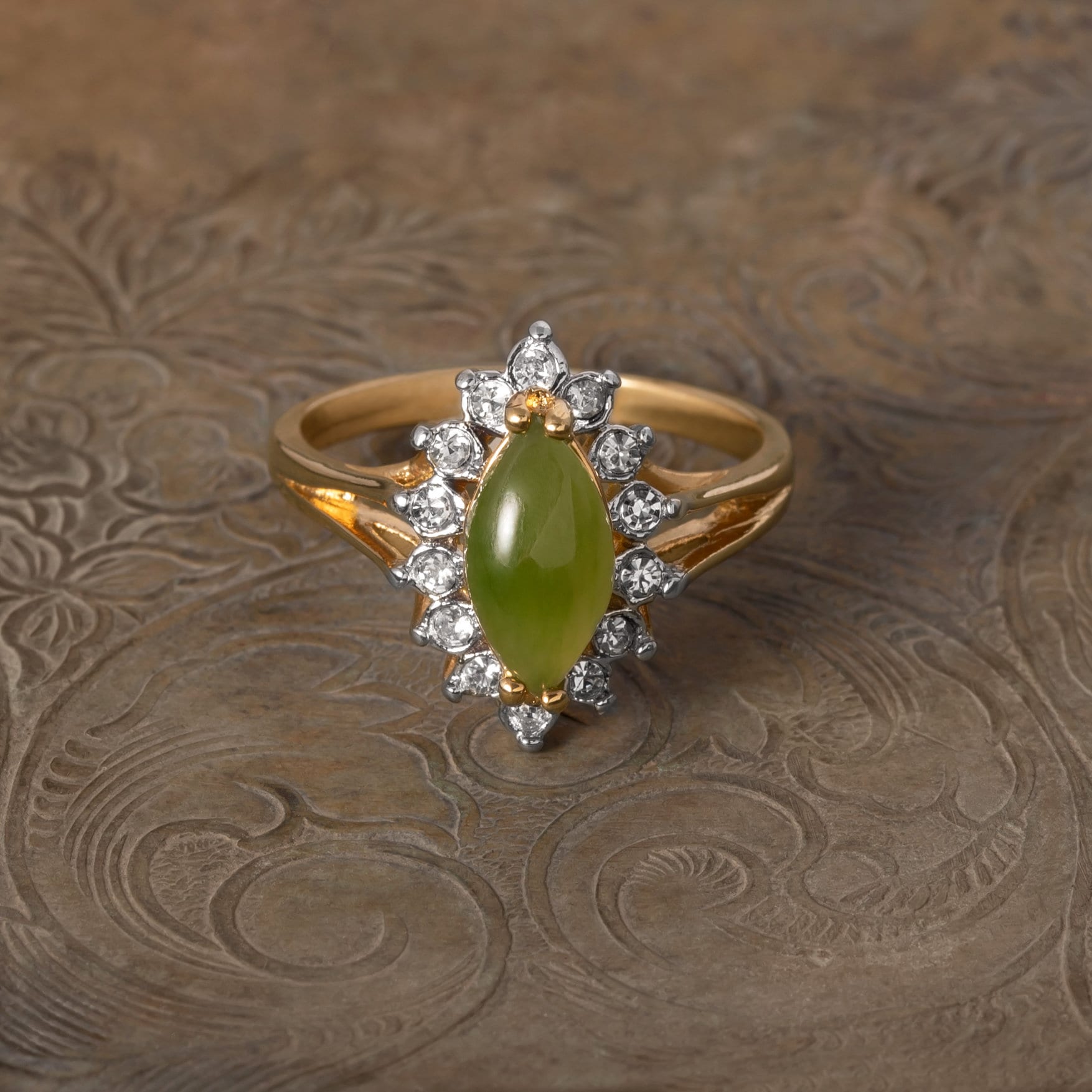 Vintage Genuine Jade and Clear Austrian Crystal Ring - 18k Yellow Gold Electroplated - Made in USA #R1891 jewelry image 1