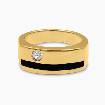 Vintage Ring 1980s Austrian Crystal with Black Enamel Detail 18kt Gold Plated Mens Signet Antique Ring #R6007