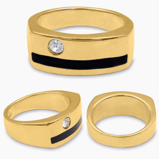 Vintage Ring 1980s Austrian Crystal with Black Enamel Detail 18kt Gold Plated Mens Signet Antique Ring #R6007