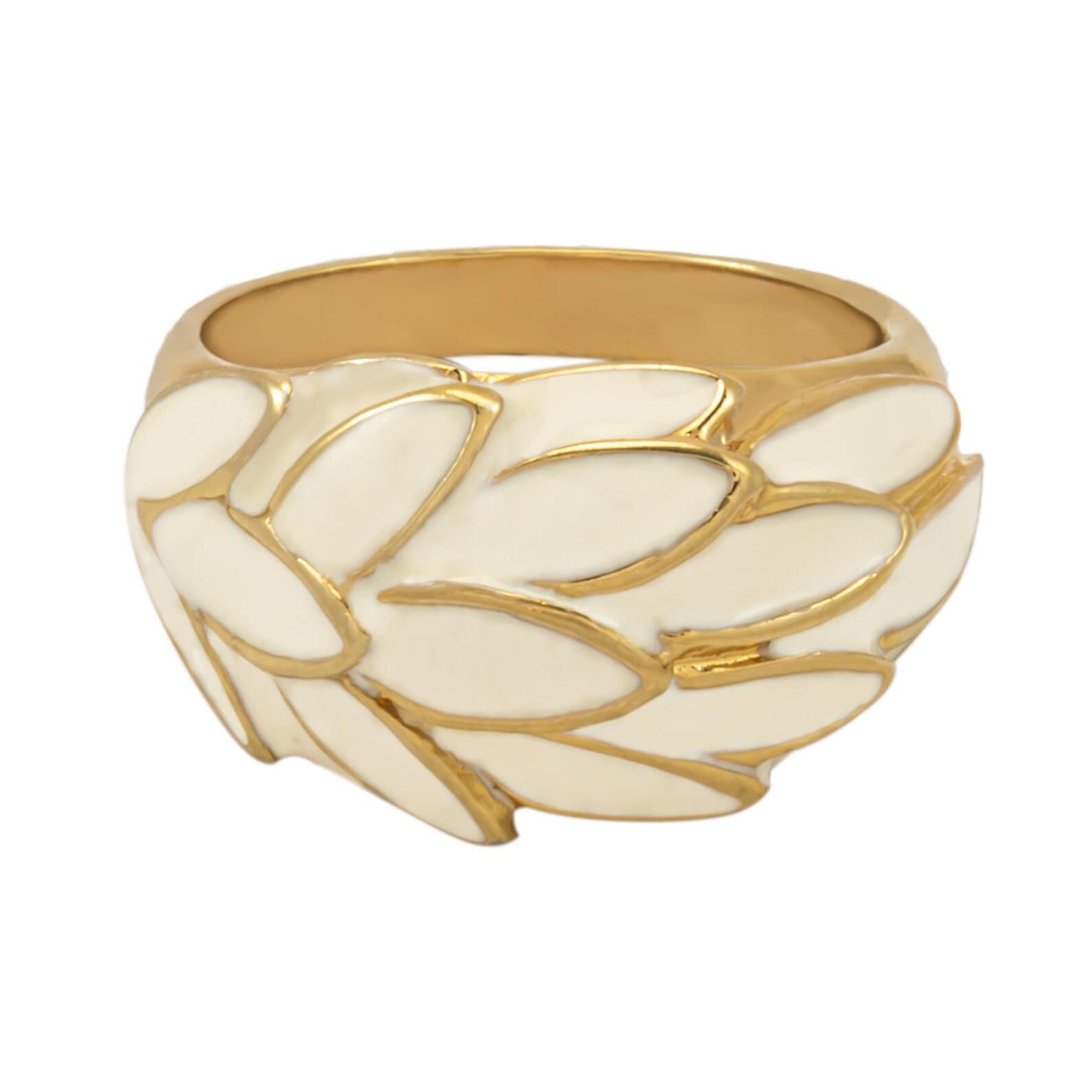 Vintage Ring 1970s White Enamel Leaf Motif 18k Gold Antique Nature Jewlery for Women #R1933 - Limited Stock - Never Worn