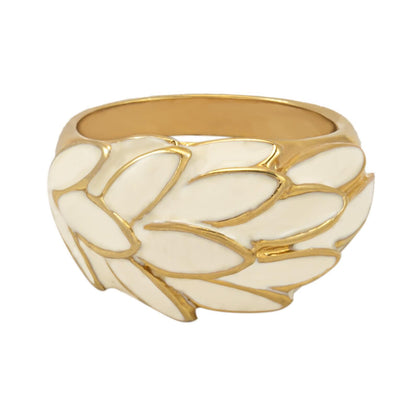 Vintage Ring 1970s White Enamel Leaf Motif 18k Gold Antique Nature Jewlery for Women #R1933 - Limited Stock - Never Worn