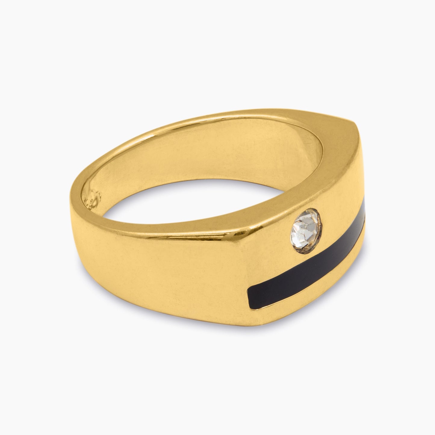 Vintage Ring 1980s Austrian Crystal with Black Enamel Detail 18kt Gold Plated Mens Signet Antique Ring #R6007
