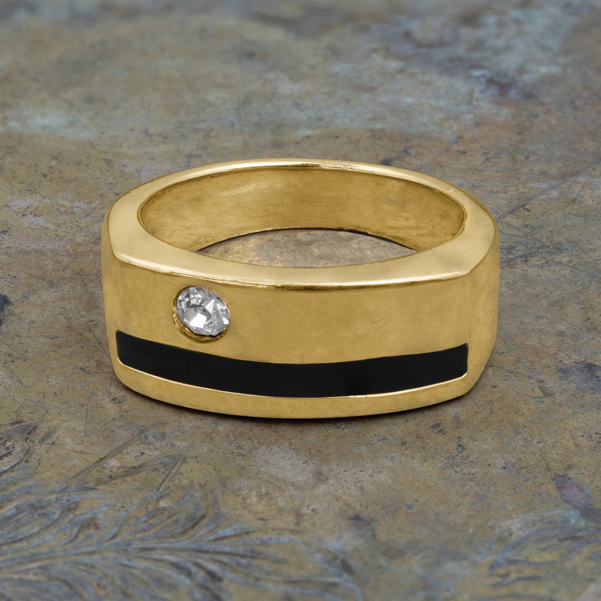Vintage Ring 1980s Austrian Crystal with Black Enamel Detail 18kt Gold Plated Mens Signet Antique Ring #R6007