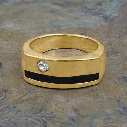 Vintage Ring 1980s Austrian Crystal with Black Enamel Detail 18kt Gold Plated Mens Signet Antique Ring #R6007