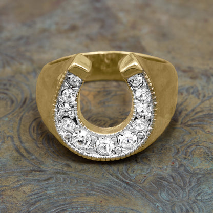 Men's Vintage Ring Equestrian Ring Horseshoe with Austrian Crystals Handcrafted 18k Gold Men Antique Jewelry