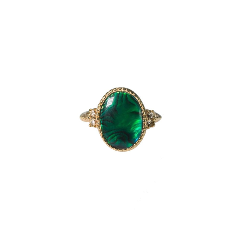 Vintage Art Deco Ring - Genuine Green Abalone Shell with Austrian Crystals, 18k Gold Electroplated jewelry image 1