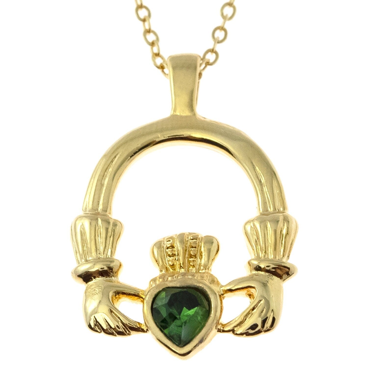 Vintage Claddagh Necklace Green Tourmaline Swarovski Heart Crystal Antique 18k Gold Made in the USA N3099