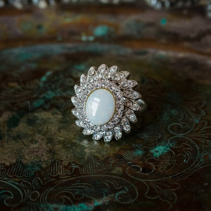 Vintage Ring Jewelry Genuine Opal Cocktail Ring 18k White Gold Silver Setting Antique Womans R106 - Limited Stock - Never Worn