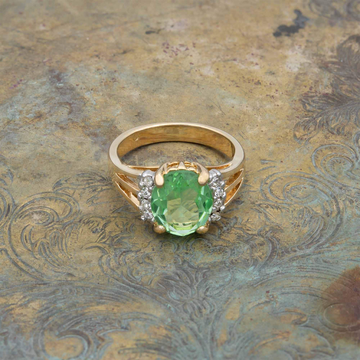 Vintage Ring 1980's Peridot Cubic Zirconia Ring with Clear Crystals 18k Gold Jewelry R1664 - Limited Stock - Never Worn