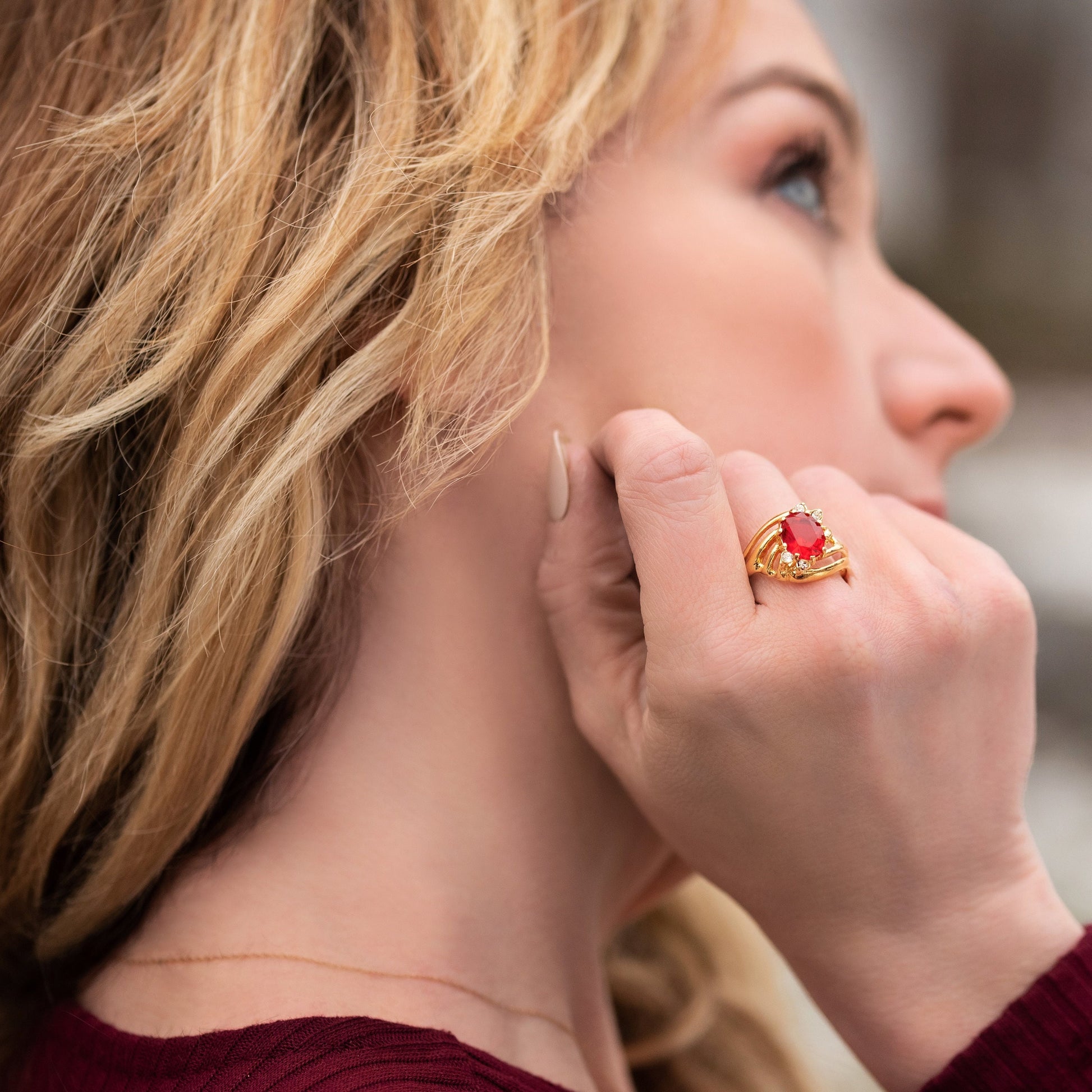 Vintage Ruby and Clear Swarovski Crystals 18k Yellow Gold Electroplated Band Made in USA #R1143