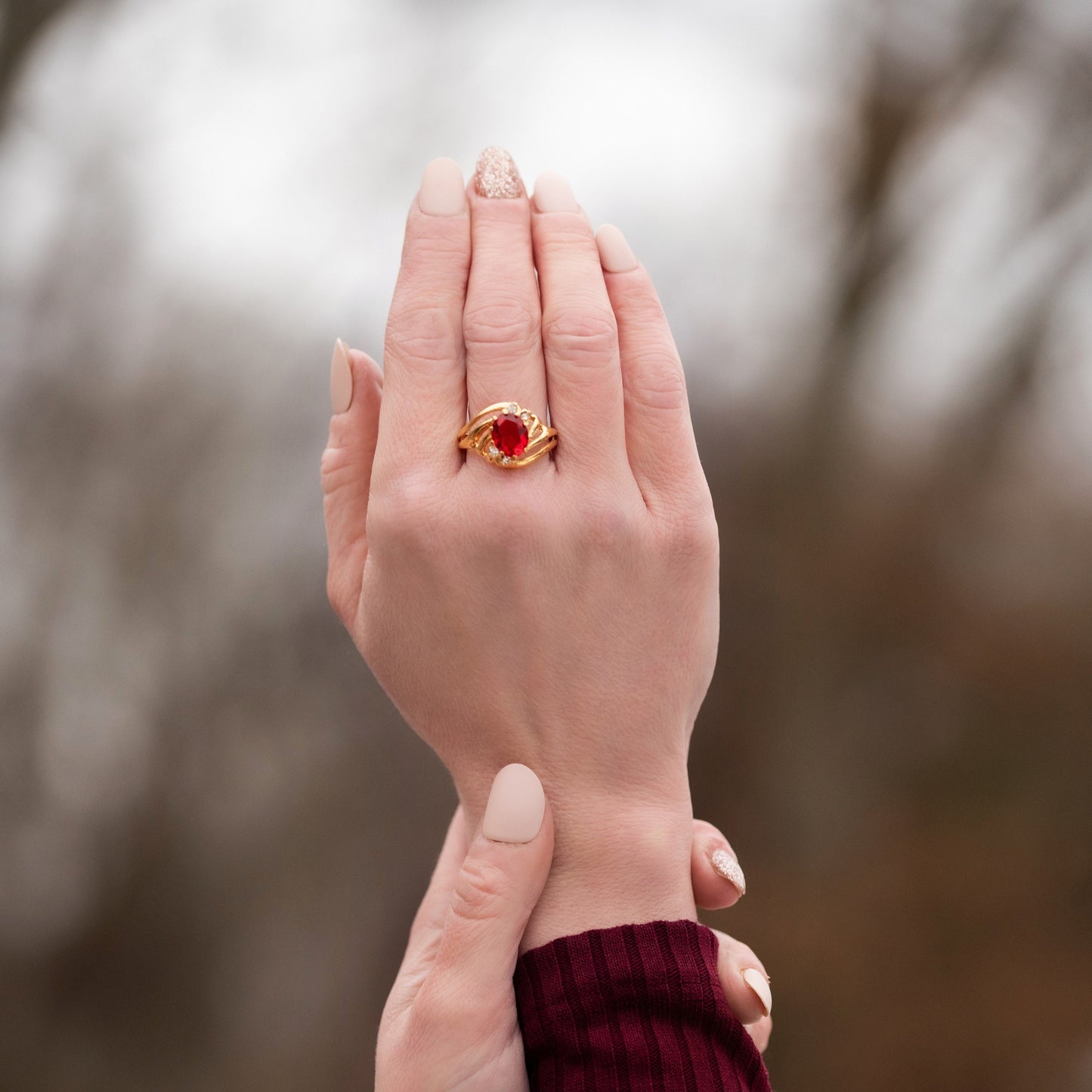 Vintage Ruby and Clear Swarovski Crystals 18k Yellow Gold Electroplated Band Made in USA #R1143