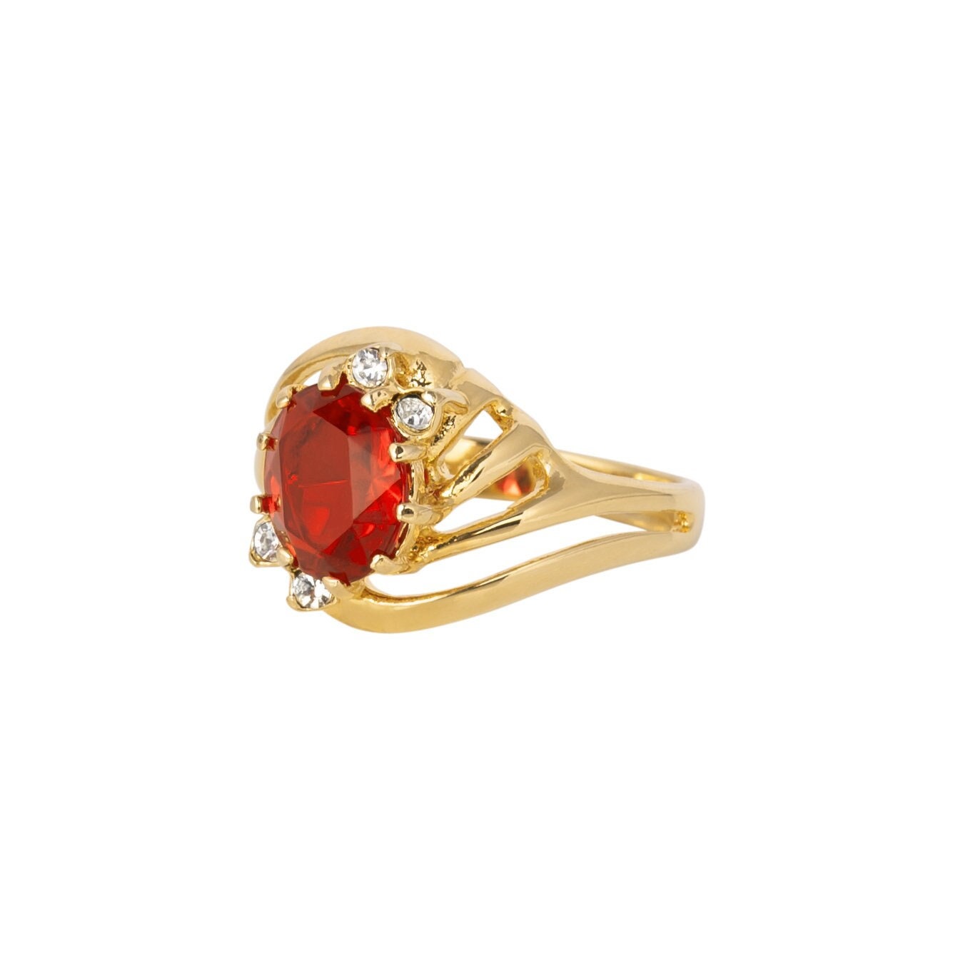 Vintage Ruby and Clear Swarovski Crystals 18k Yellow Gold Electroplated Band Made in USA #R1143