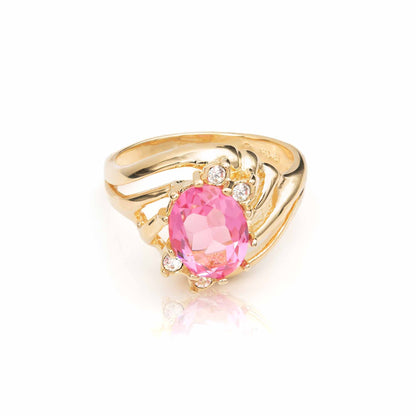 Vintage Ring Pink Tourmaline and Clear Austrian Crystals 18k Gold Antique Womans Jewelry #R1143 - Limited Stock - Never Worn