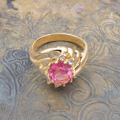 Vintage Ring Pink Tourmaline and Clear Austrian Crystals 18k Gold Antique Womans Jewelry #R1143 - Limited Stock - Never Worn