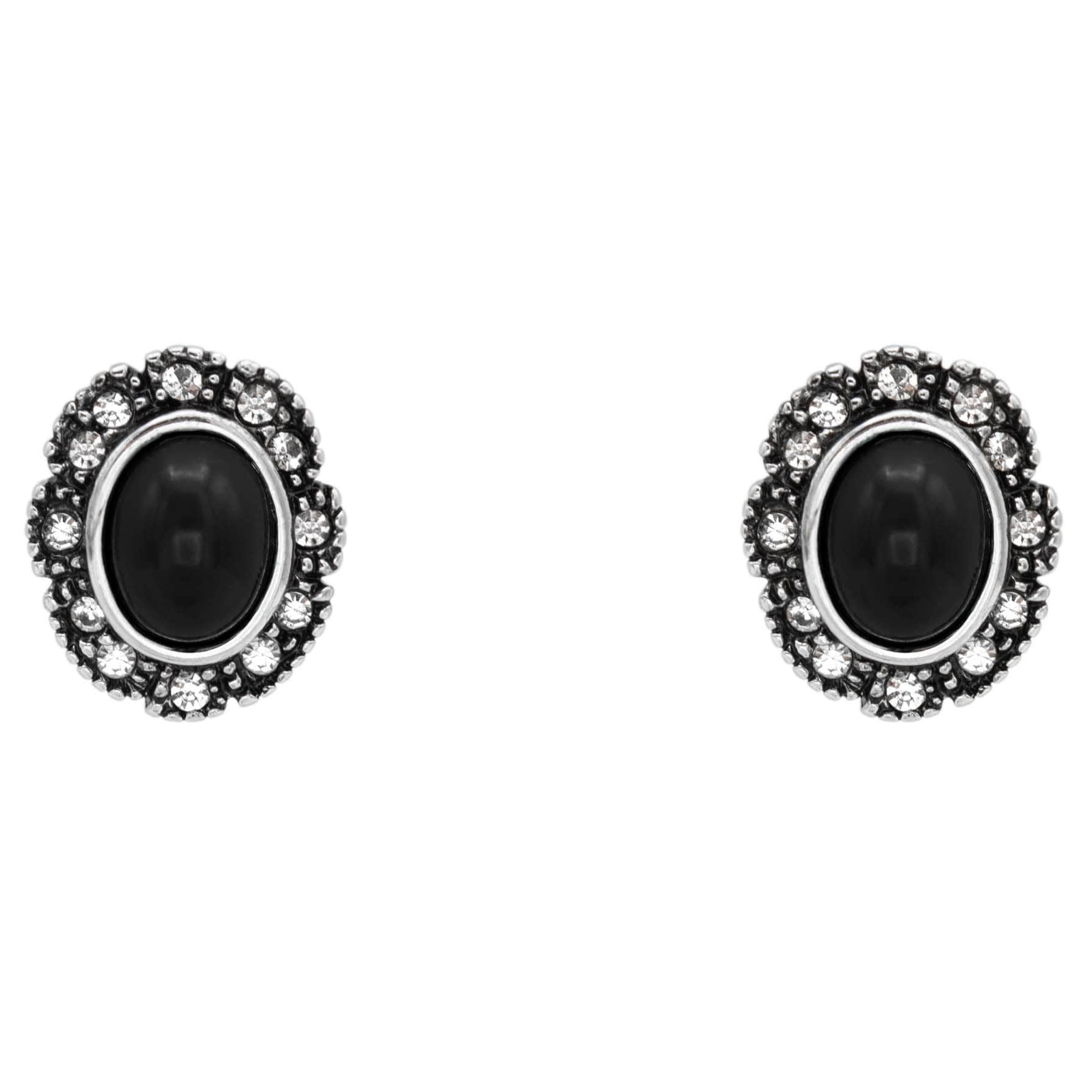 Vintage Black Onyx and Clear Austrian Crystal Post Earrings Antique White Gold Silver Plating Jewelry E2425-OW - Limited Stock - Never Worn