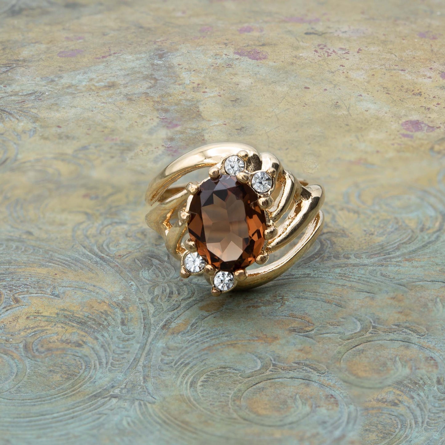 Vintage 1970s 18k Gold Electroplated Ring with Smoky Topaz Oval Crystal and Clear Austrian Crystals jewelry image 1