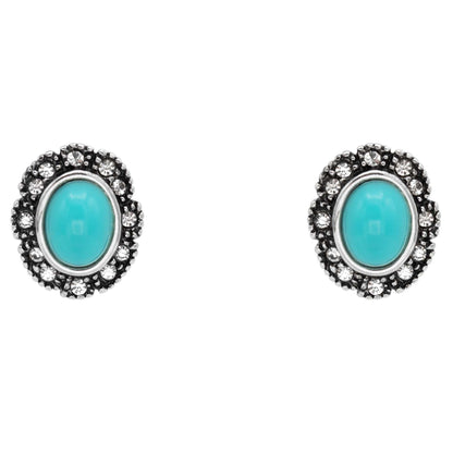 Vintage Turquoise Clear Austrian Crystal Post Earrings Antique White Gold Silver Plated Womans Handmade Jewlery E2425-TQ - Limited Stock
