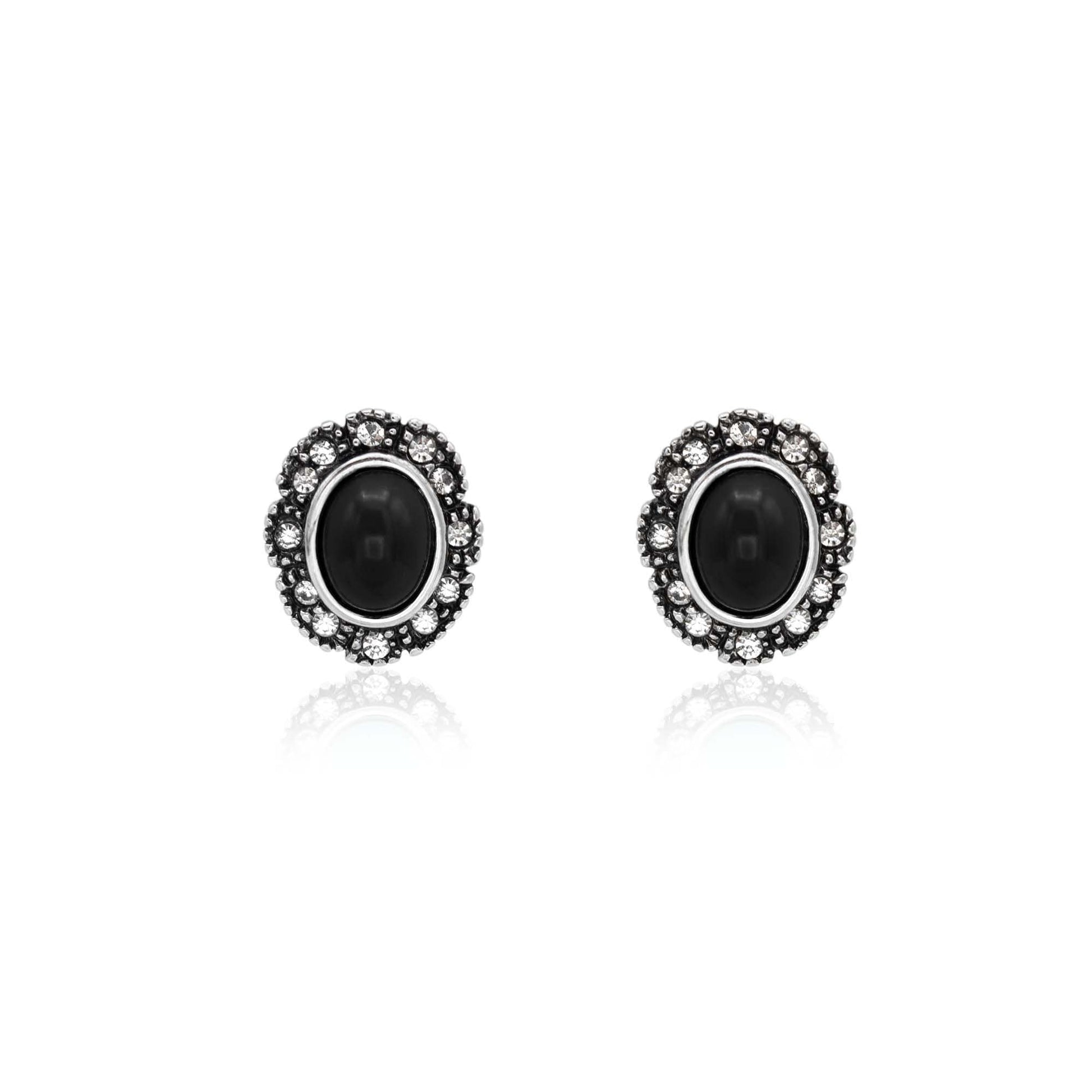 Vintage Black Onyx and Clear Austrian Crystal Post Earrings Antique White Gold Silver Plating Jewelry E2425-OW - Limited Stock - Never Worn