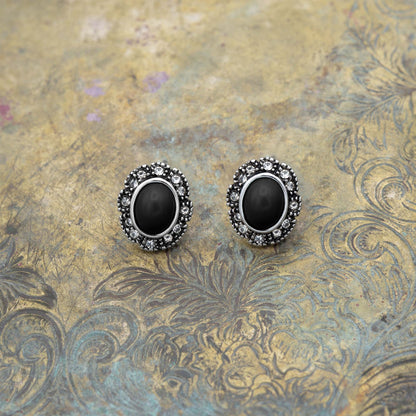 Vintage Black Onyx and Clear Austrian Crystal Post Earrings Antique White Gold Silver Plating Jewelry E2425-OW - Limited Stock - Never Worn
