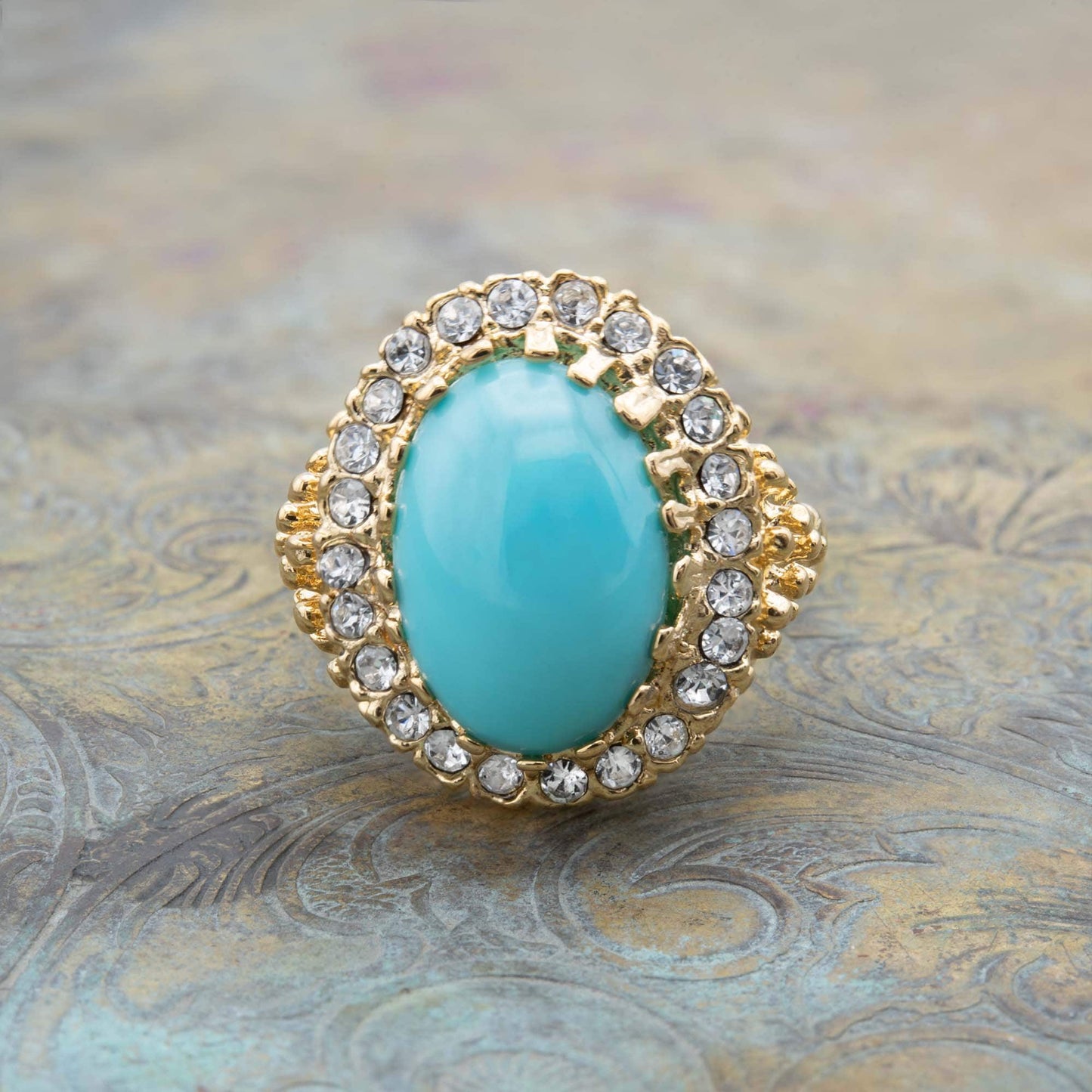 Vintage Ring Turquoise Bead Clear Crystal Ring Edwardian Antique 18k Gold Ring Victorian Womans Jewelry R169 Limited Stock - Never Worn