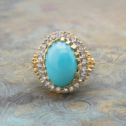 Vintage Ring Turquoise Bead Clear Crystal Ring Edwardian Antique 18k Gold Ring Victorian Womans Jewelry R169 Limited Stock - Never Worn