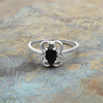 Vintage Ring Marquise Cut Genuine Onyx Cocktail Ring 18k White Gold Silver Dainty Girls Boho Handmade Ring R586 - Limited Stock - Never Worn