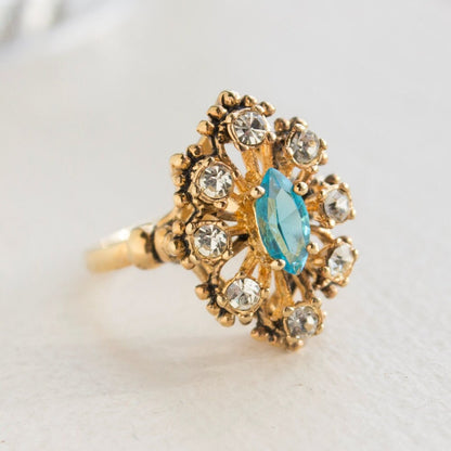 Vintage Ring Cocktail Ring set with Blue Topaz and Clear Swarovski Crystals Antique 18k Gold Jewelry for Woman #R250
