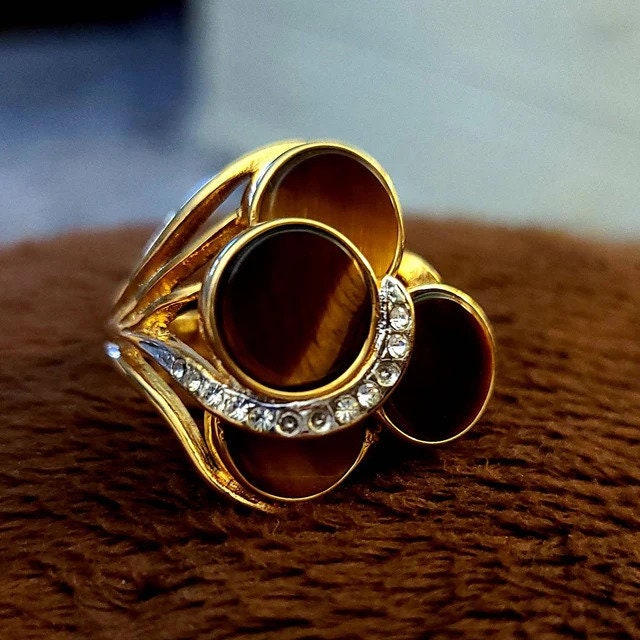 A Vintage Ring Genuine Tiger Eye Cocktail Ring 18k Gold Antique Tigerseye Womans Handmade Jewelry R282 - Limited Stock - Never Worn