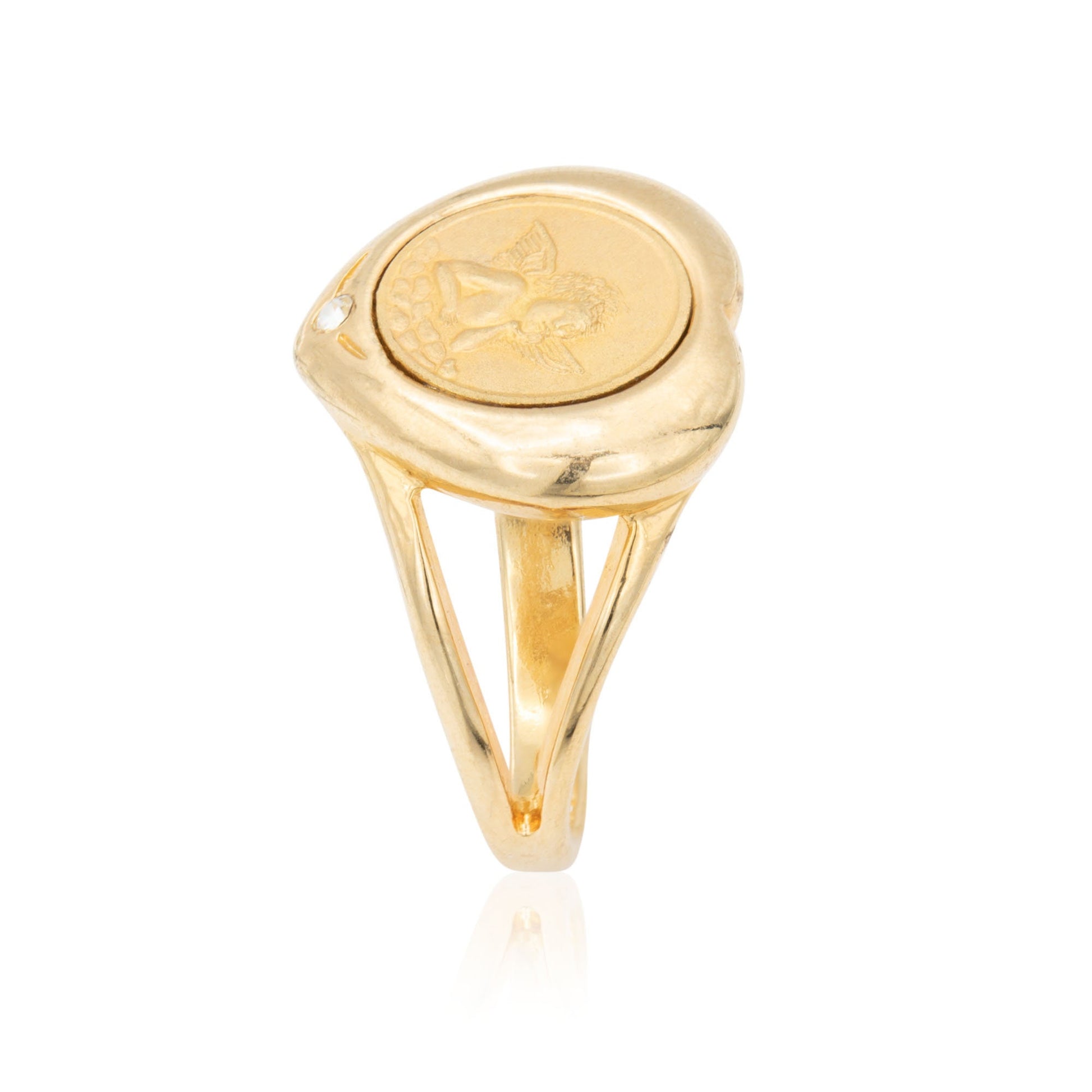 Vintage Heart Shaped Angel Coin Ring 18k Gold Electroplated with Diamond Chip Handcrafted Made in USA  #R3255-G