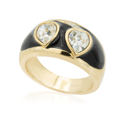 Vintage 1980s Black Enamel Ring with Clear Heart Shaped Crystals 18k Gold Electroplated