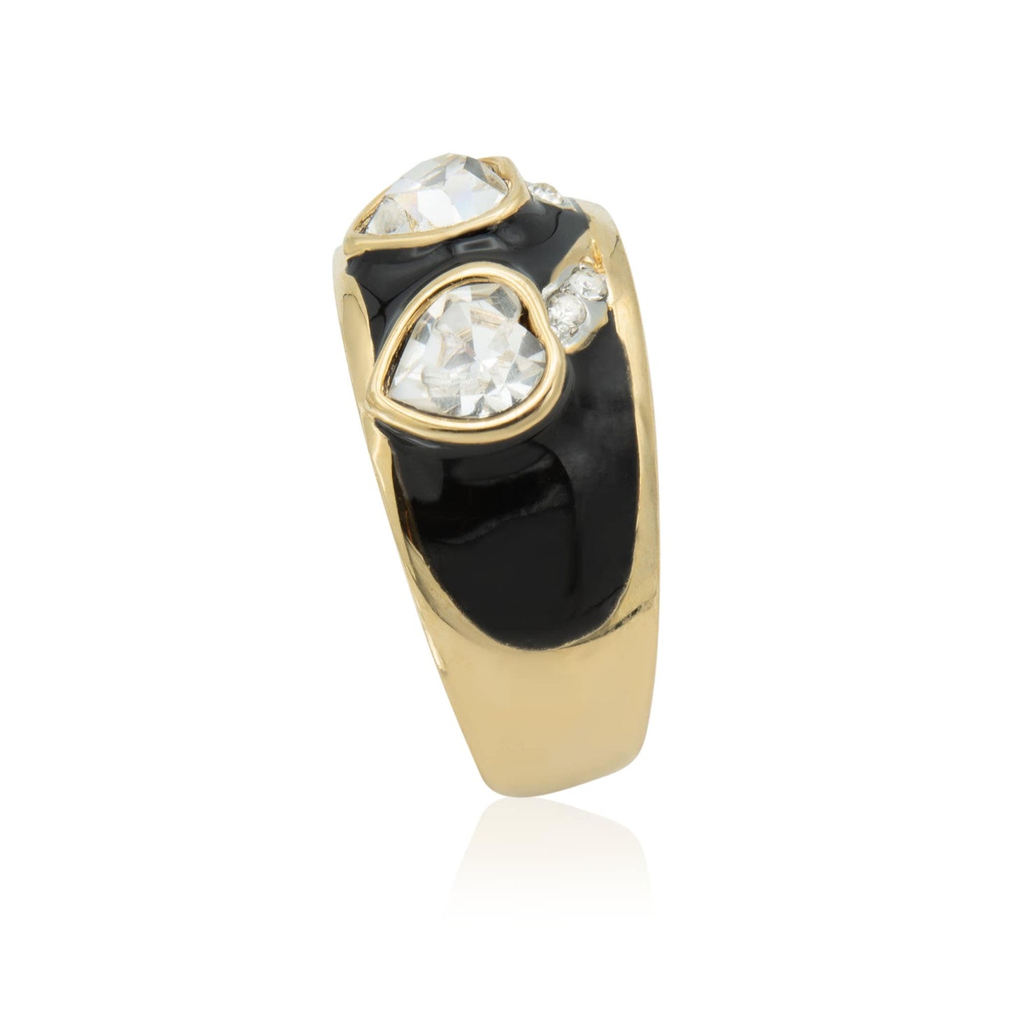 Vintage 1980s Black Enamel Ring with Clear Heart Shaped Crystals 18k Gold Plated Made in USA #R4343