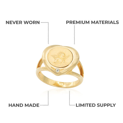 Vintage Heart Shaped Angel Coin Ring 18k Gold Electroplated with Diamond Chip Handcrafted Made in USA  #R3255-G
