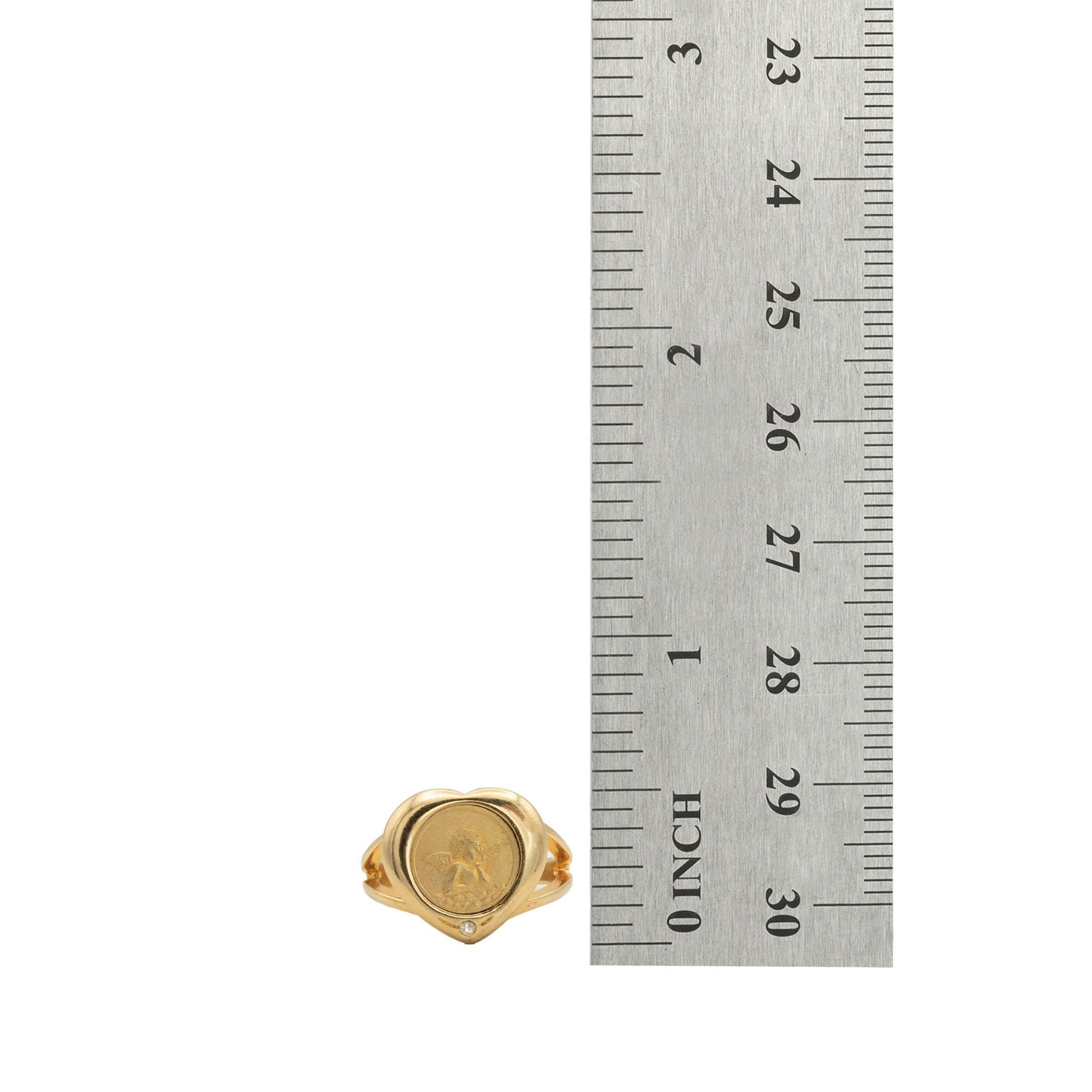 Vintage Heart Shaped Angel Coin Ring 18k Gold Electroplated with Diamond Chip Handcrafted Made in USA  #R3255-G