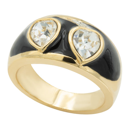 Vintage 1980s Black Enamel Ring with Clear Heart Shaped Crystals 18k Gold Plated Made in USA #R4343