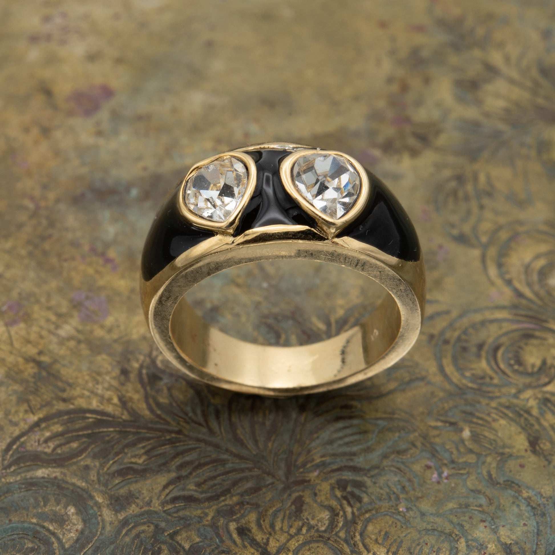 Vintage 1980s Black Enamel Ring with Clear Heart Shaped Crystals 18k Gold Plated Made in USA #R4343