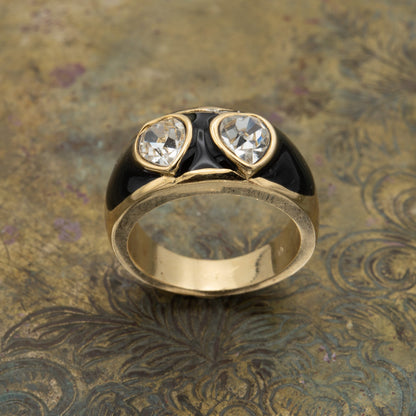 Vintage 1980s Black Enamel Ring with Clear Heart Shaped Crystals 18k Gold Plated Made in USA #R4343