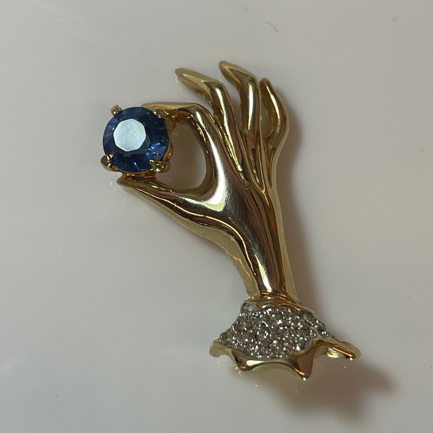 Vintage Victorian Lady's Hand Brooch with Blue Sapphire & Clear Cubic Zirconia - 18kt Gold Electroplated jewelry image 1