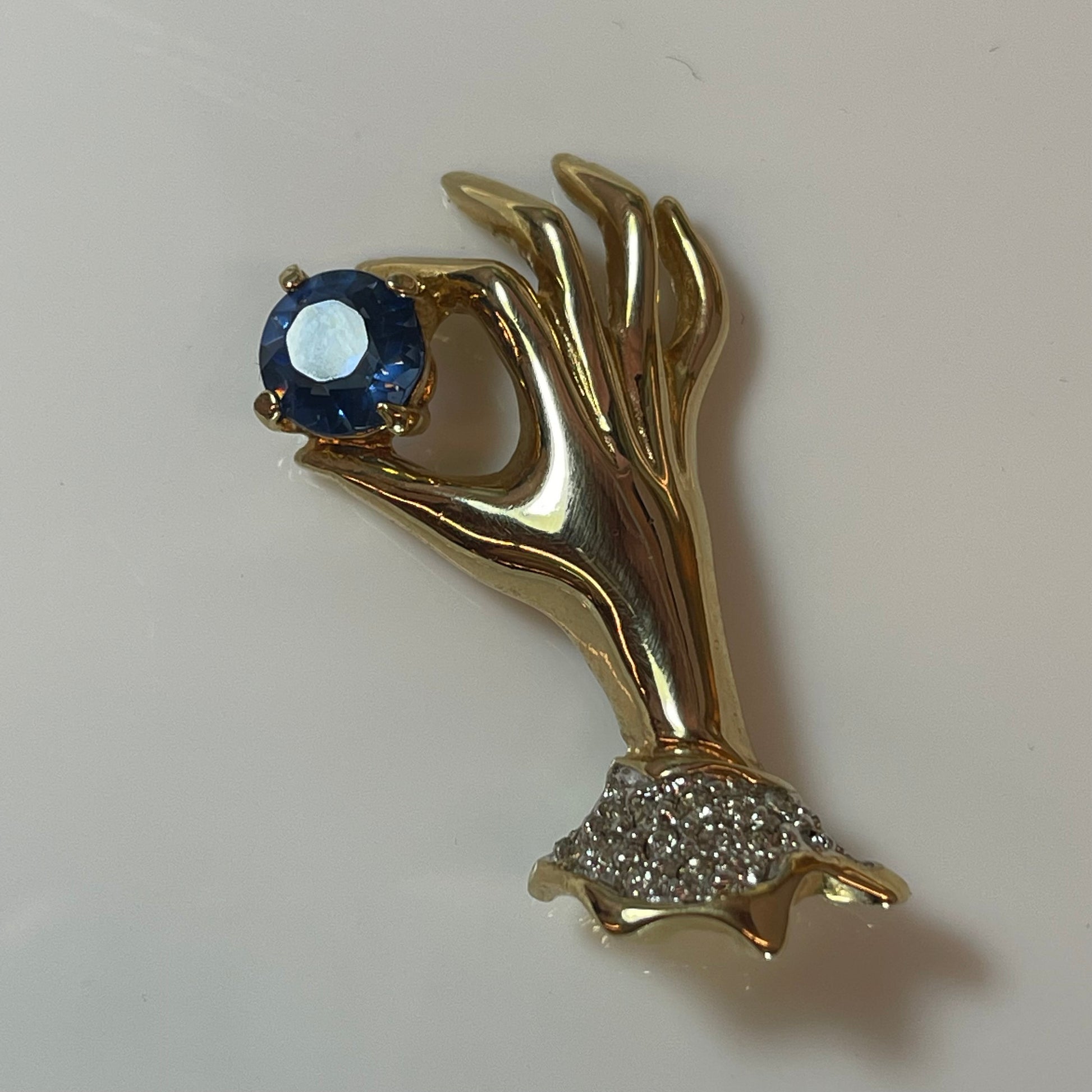 Vintage Victorian Lady's Hand Brooch with Blue Sapphire & Clear Cubic Zirconia - 18kt Gold Electroplated jewelry image 1