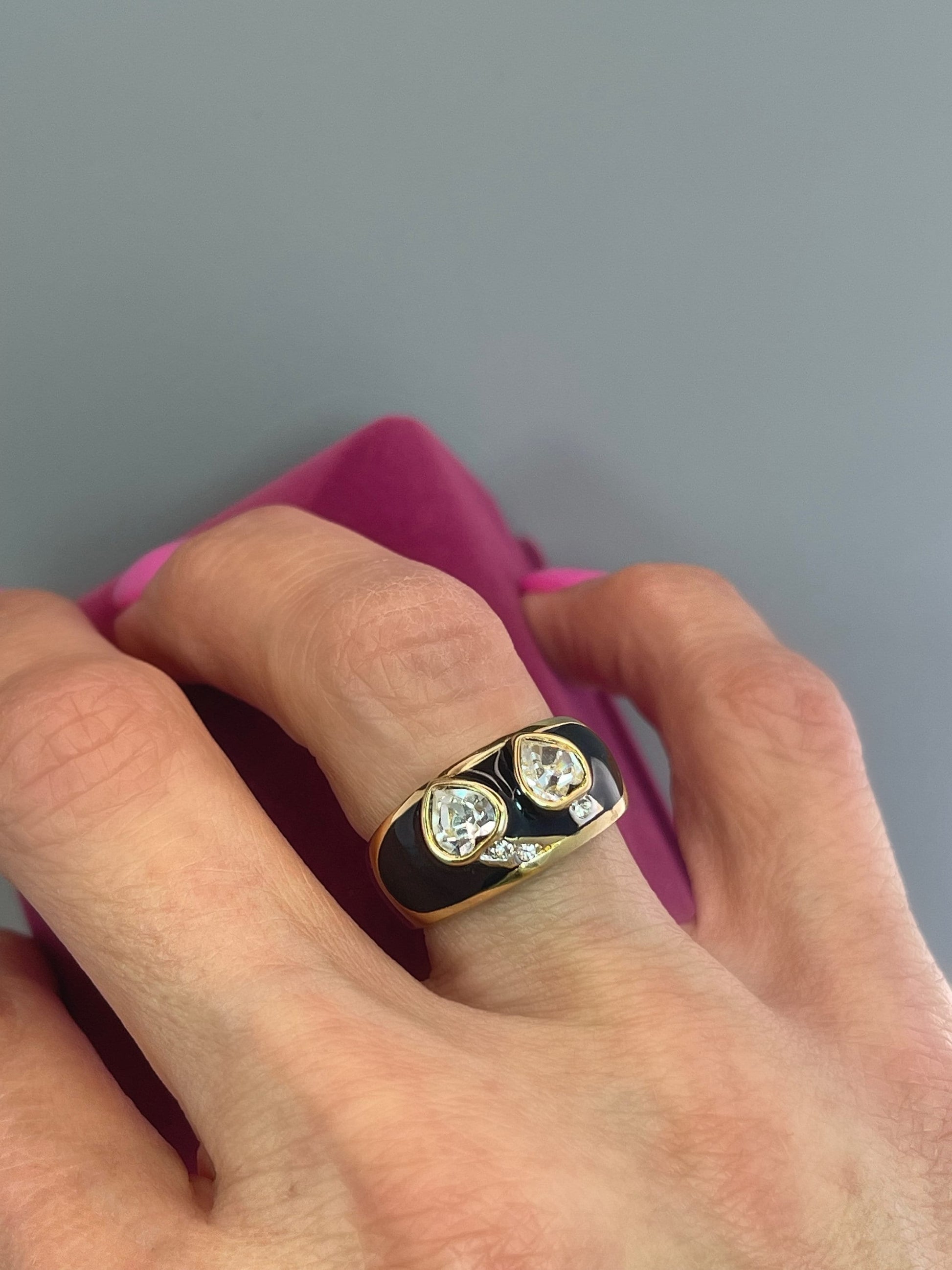 Vintage 1980s Black Enamel Ring with Clear Heart Shaped Crystals 18k Gold Plated Made in USA #R4343